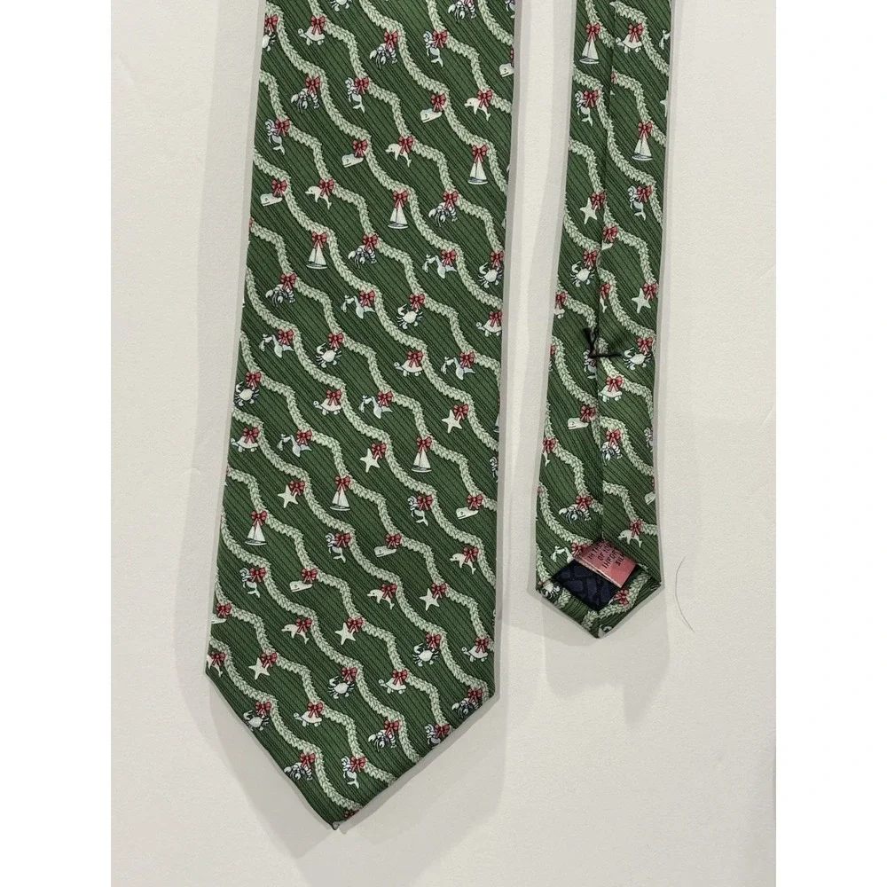 Vineyard Vines Christmas Tie Green Nautical Garland Whales Lobster Boats Silk